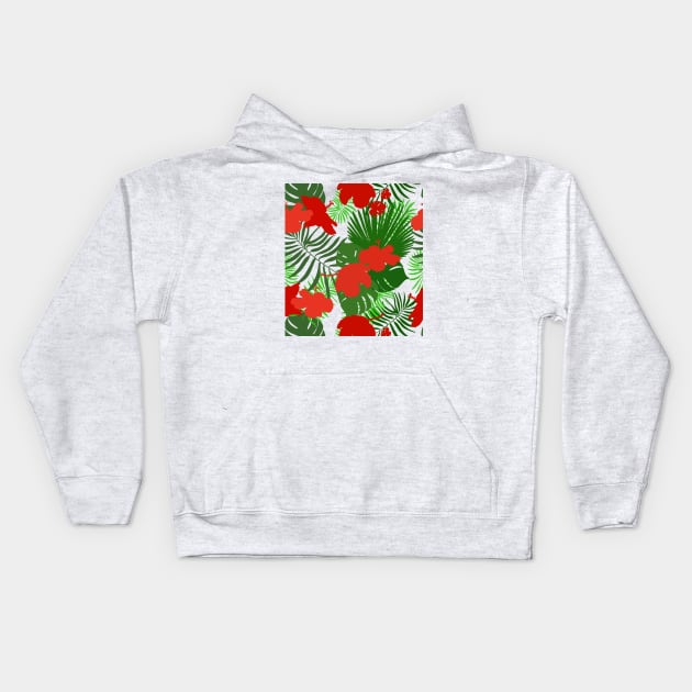 Hand drawn hibiscus, tropical leaves red and green colored seamless summer time Kids Hoodie by GULSENGUNEL